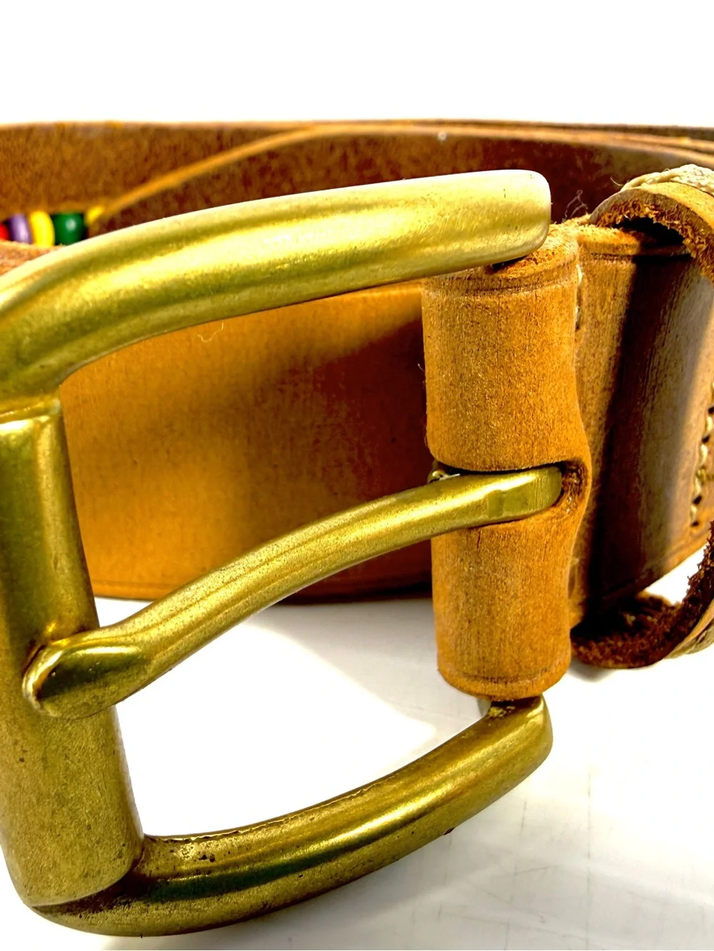 Womens Tan Leather Belt with Color Beading Inlay and Brass Buckle 32”